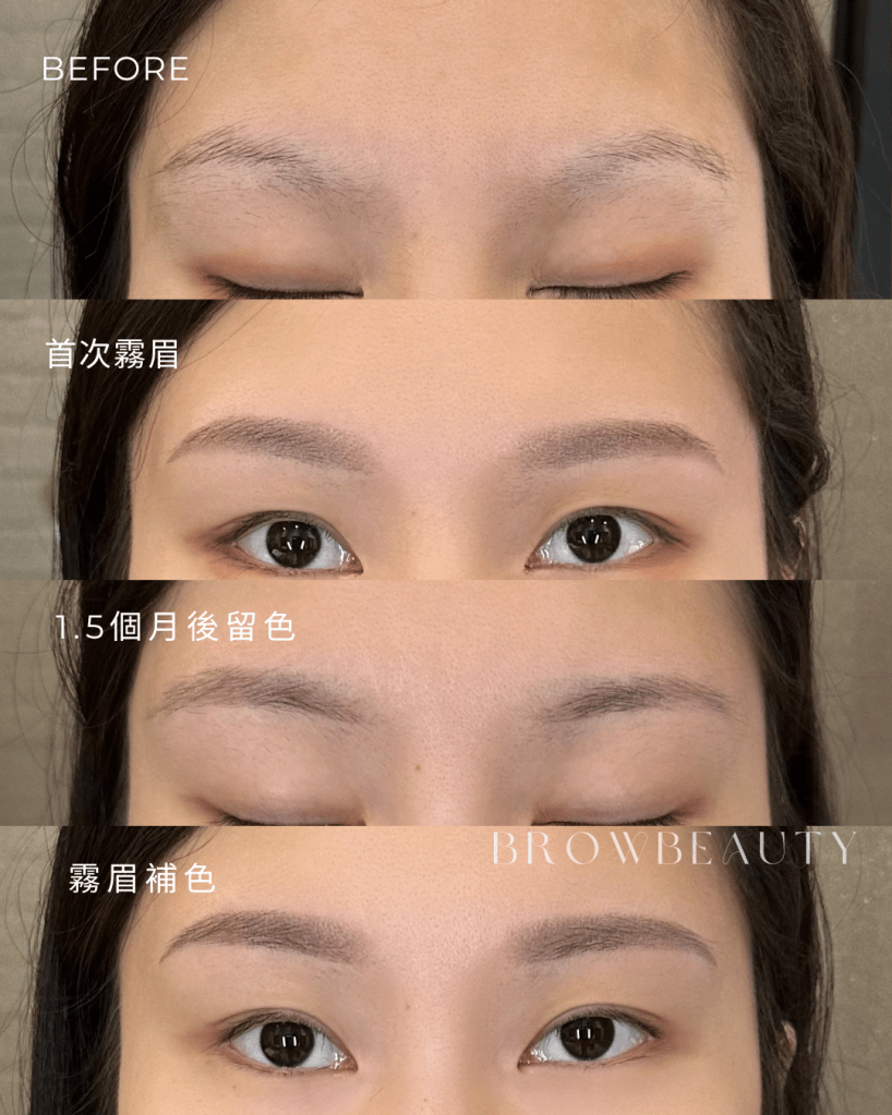 霧眉首次上色、1.5個月後留色與補色後對比,毛量稀疏者顏色易斑駁,補色後色澤均勻示意圖