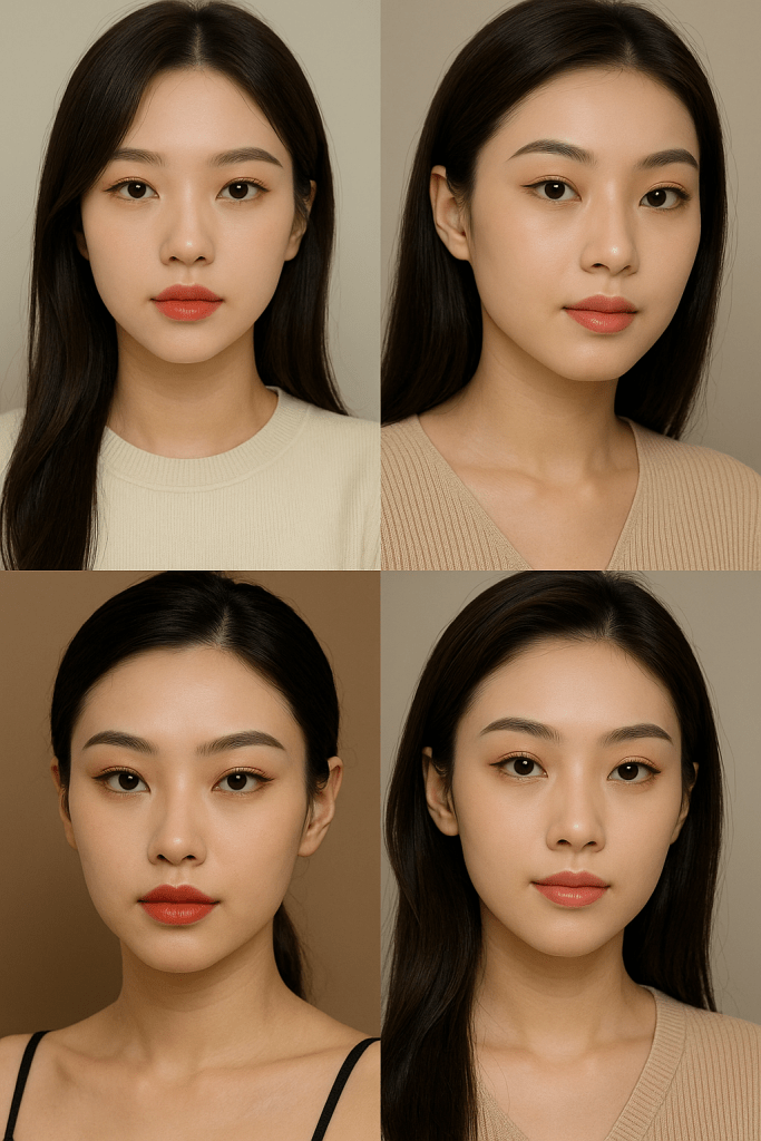 常見於網路作品的韓系與中式美女眉型,用於說明網路美照只能作為風格參考,實際眉型仍需依個人原生眉毛條件設計。